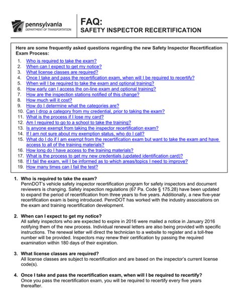 how hard is the pa safety inspecion licese recertifation test|safety inspector recertification cost.